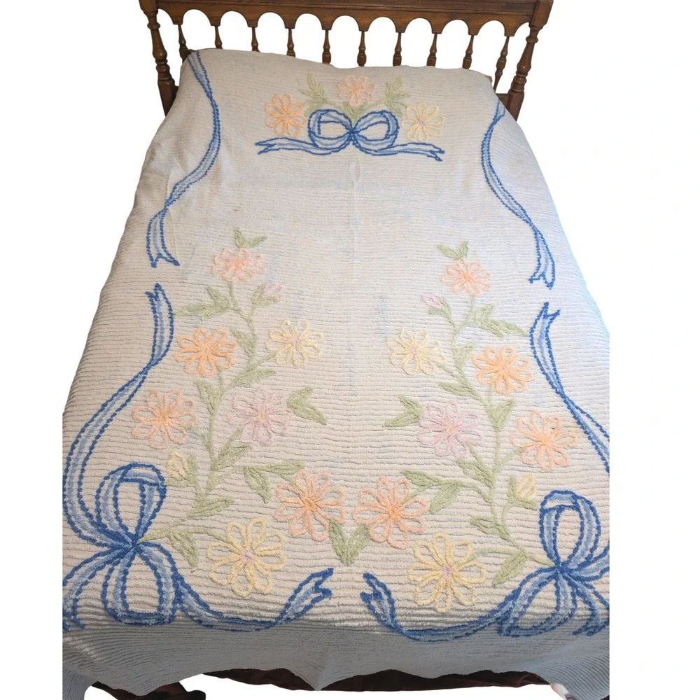 Vintage Chenille Bedspread Blue Bows Pastel Floral Tufted Cotton Cottagecore